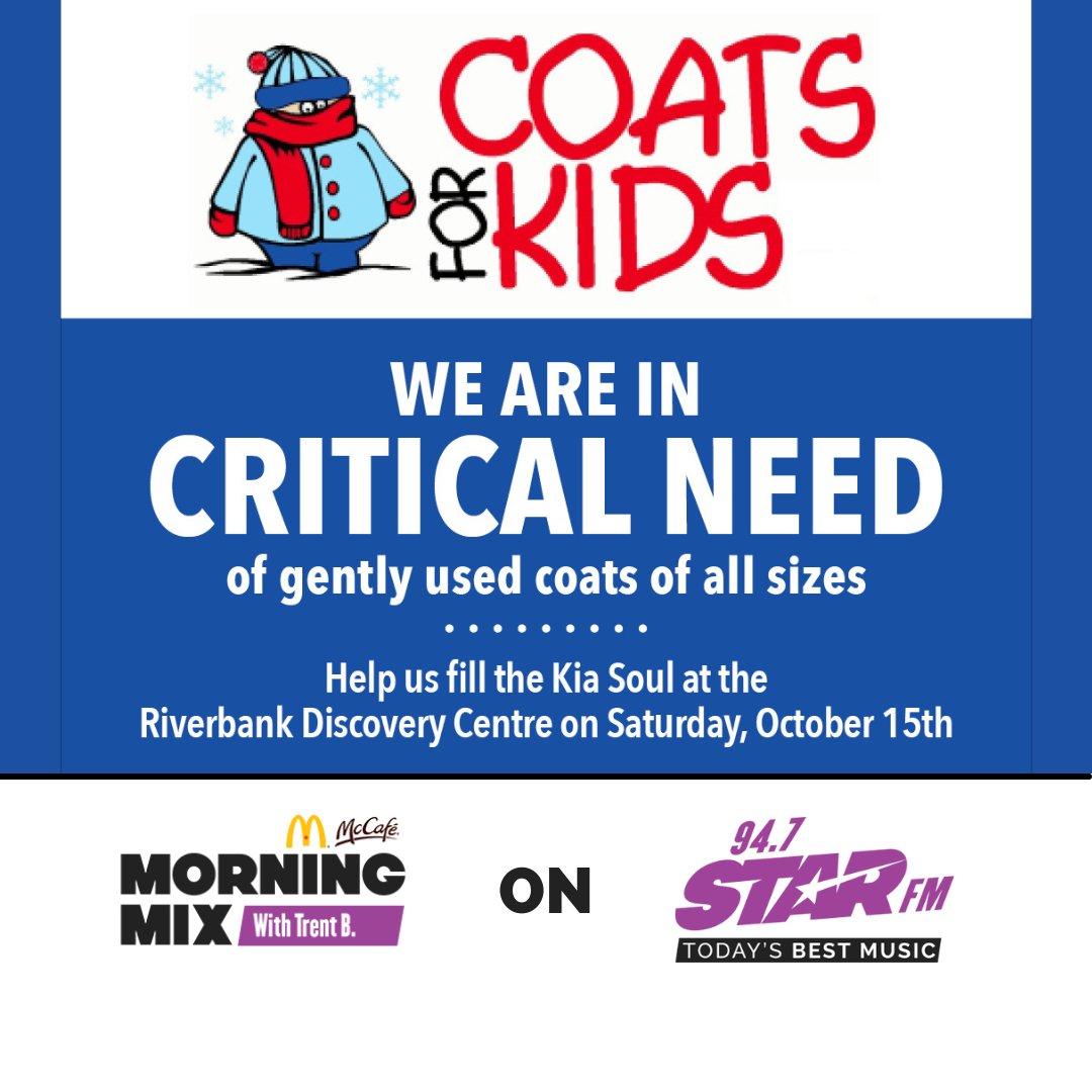 StarfmBrandon's tweet photo. TOMORROW. If you can give a coat or financial donation, please come to the Coats for Kids Drive on Saturday, October 15th, 10 am - 3 pm at the Riverbank Discovery Centre. For more information, contact us at (204) 571-8929. - Trent B - #BdnMB #STarFM https://t.co/gxReVYHPME