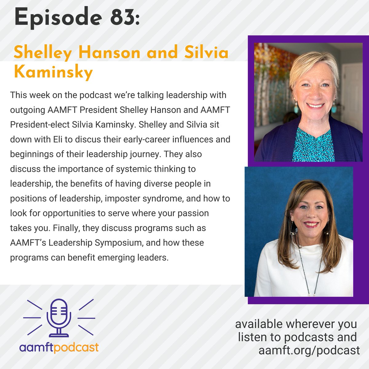 New podcast! What does leadership look like in a systemic context? Can leadership in the therapy room synergize with leadership in other aspects of life? This week Eli sits down with Shelley Hanson &amp; Silvia Kaminsky. Listen wherever you get podcasts or at aamft.org/podcast