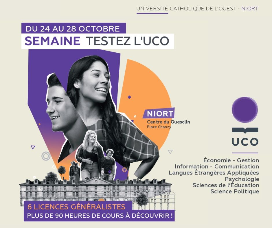 📢 L’UCO Niort organise la semaine « Testez l’Université » du 24 au 28 octobre. Venez découvrir nos six licences #EcoGe #InfoCom #LEA #Psycho #SciencedelEduc #SciencePolitique
💻 Inscription sur testez-uco-niort.eventbrite.fr 
#uconiort #étudessupérieures #vivreaniort #testezluco