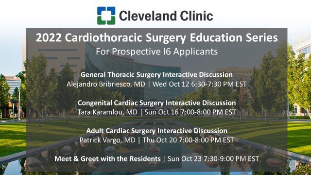 Cleveland Clinic CTS Residency (@ccf_ctsres) on Twitter photo Our CTS education series continues on Sunday, October 16, 7-8pm! The one and only <a href="/karamlou/">Tara Karamlou</a> will be discussing interesting congenital cases and perspectives on training at CCF!
Link: bit.ly/3Tjo5kq
<a href="/CleClinicHVTI/">Cleveland Clinic Heart, Vascular & Thoracic</a> <a href="/LarsSvenssonMD/">Lars Svensson</a> <a href="/AskDrMarc/">Marc Gillinov</a> <a href="/JamesJYunMDPhD/">James Yun</a> Our CTS education series continues on Sunday, October 16, 7-8pm! The one and only <a href="/karamlou/">Tara Karamlou</a> will be discussing interesting congenital cases and perspectives on training at CCF!
Link: bit.ly/3Tjo5kq
<a href="/CleClinicHVTI/">Cleveland Clinic Heart, Vascular & Thoracic</a> <a href="/LarsSvenssonMD/">Lars Svensson</a> <a href="/AskDrMarc/">Marc Gillinov</a> <a href="/JamesJYunMDPhD/">James Yun</a>