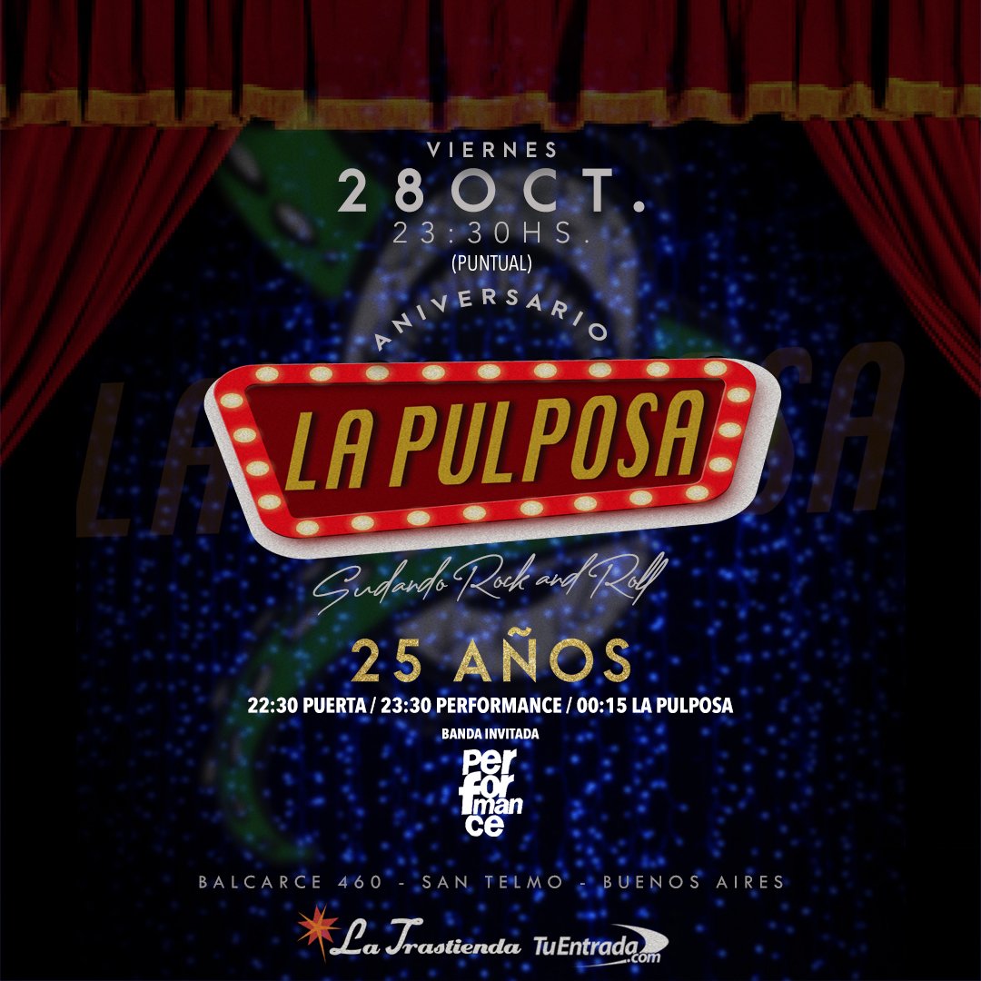 Viernes 28 de octubre volvemos a <a href="/LaTrastiendaBA/">La Trastienda</a> para festejar los 25 años de trayectoria 
Entradas anticipadas por <a href="/tuentrada/">TuEntrada.com</a>