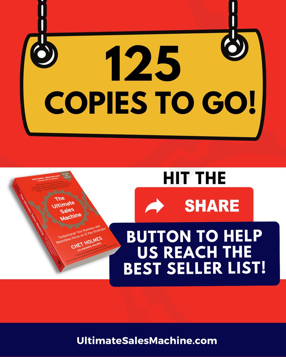 Sooooo close! 125 copies left!🤩

Today is the last day before we submit all orders to get into the Best Seller List!
If you want to help us out, HIT that SHARE button now!😊

📕 UltimateSalesMachine.com
