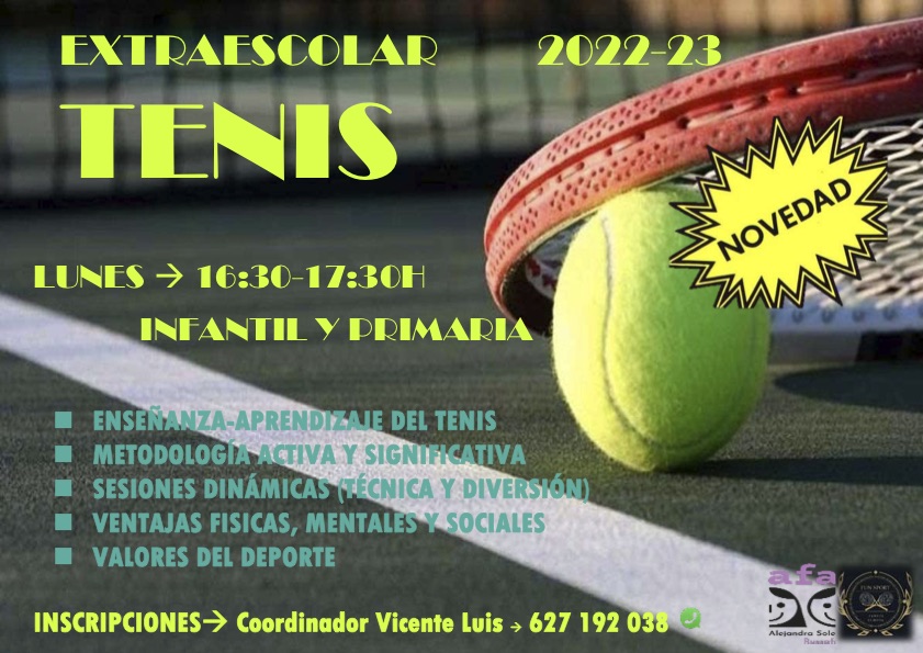 🔊🔊Atenció, atenció!!! Llancem nova extraescolar a partir de novembre ➡️TENIS per a Infantil y Primària. 
🎾🎾📆Dilluns de 16.30 a 17.30 h
Inscripcions directament en el ☎️telèfon 627 192 038