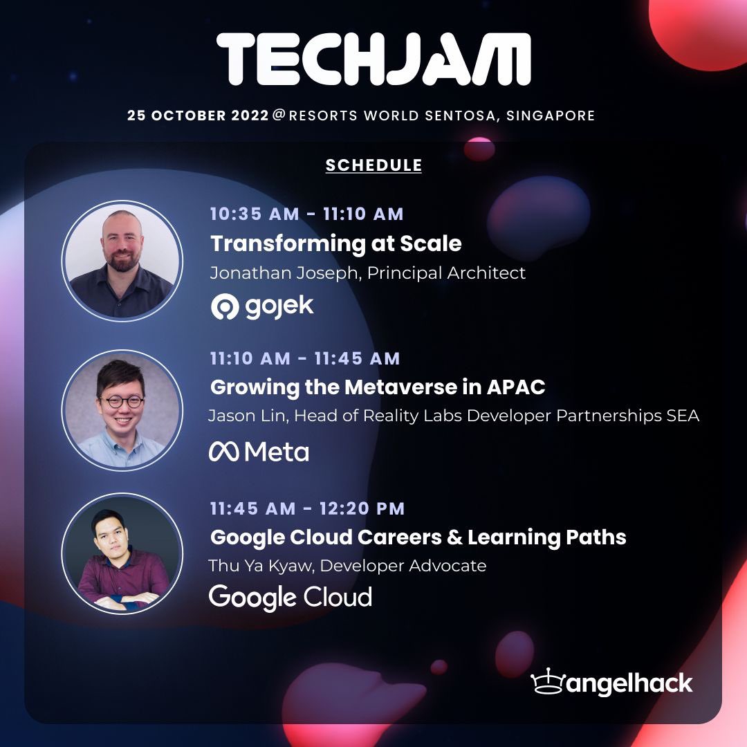 AngelHack's tweet photo. 🔥 We’re bringing you the full lineup for #TechJam2022!

Want to learn more about our esteemed panel experts, who include some of the leading innovators? Only less than 2 weeks left, so save yourself a spot today ➡️ https://t.co/2KlE6AIgLe

#SWITCH2022 #TechJamSingapore https://t.co/0t6TtvV2zR