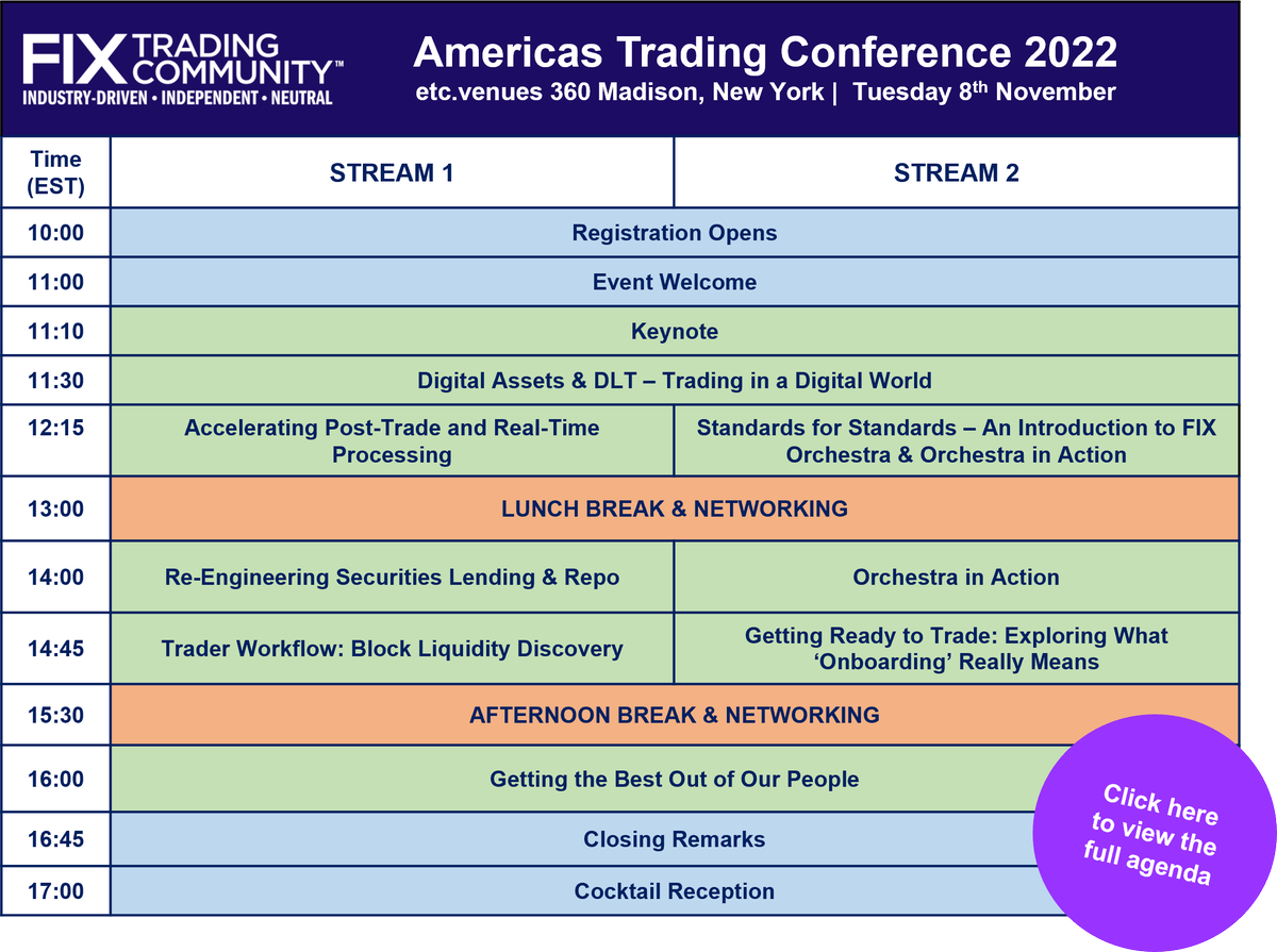 FIXTrading's tweet photo. We are excited to share with you the Americas Trading Conference 2022 full agenda including the speaker line-up for each session.
View the full agenda here: https://t.co/nJp8hnWXYH
Register now: https://t.co/8thZmkwHHj
#FIXEVENTS #FIXNYC https://t.co/V0wFM28z3j