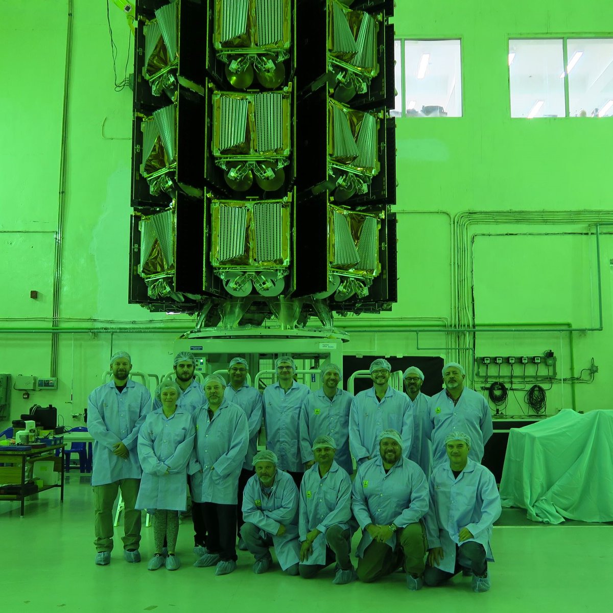 EutelsatGroup's tweet photo. Exciting news from India as we confirm the encapsulation of our 36 satellites ahead of #OneWebLaunch14. The satellites have now travelled to be attached to the LVM3 rocket ahead of launch later this month.

Thanks again to our team, as well as @isro, @NSIL_India and @Arianespace! https://t.co/3y5xK0PokE