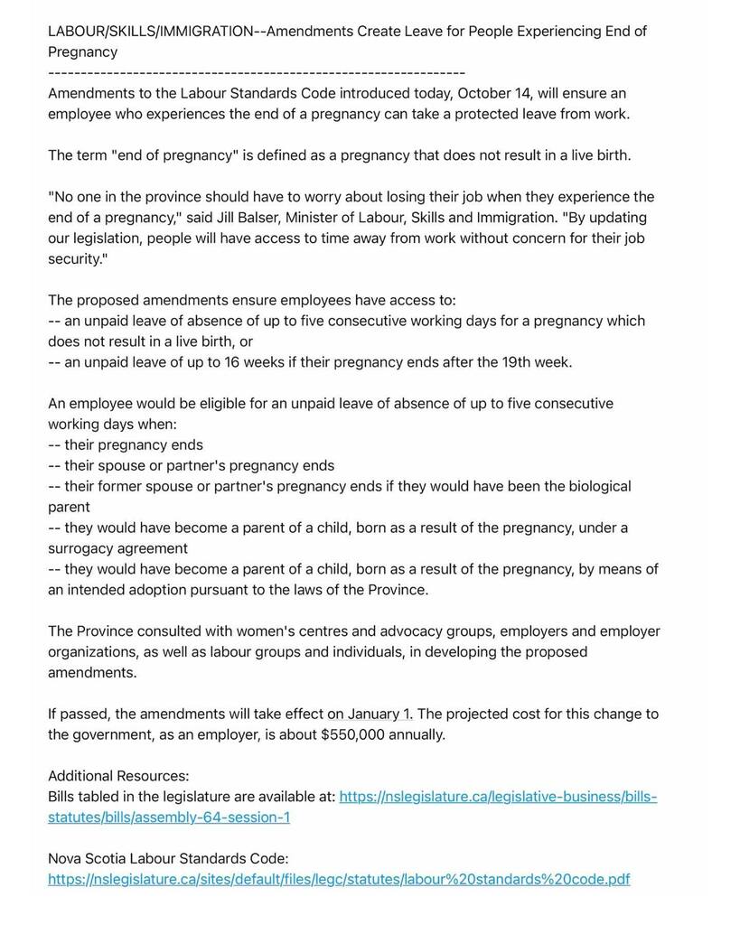 halifaxnoise's tweet photo. Amendments to the Labour Standards Code introduced today, October 14, will ensure an employee who experiences the end of a pregnancy can take a protected leave from work.

The term "end of pregnancy" is defined as a pregnancy that does not result in a li… https://t.co/34bKjTZHYA https://t.co/M2jS6Q8PPe