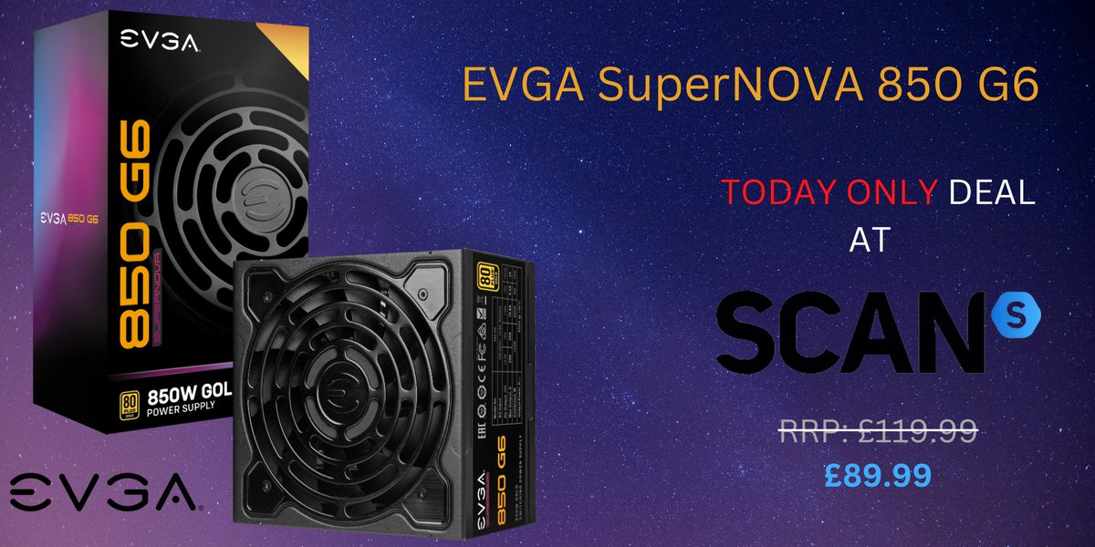 Greater performance with extremely low ripple and noise in an even smaller chassis - that's the EVGA SuperNOVA 850 G6. 
Today only at <a href="/ScanComputers/">Scan Computers</a> for favourable £89.99: bit.ly/3g5xFZS