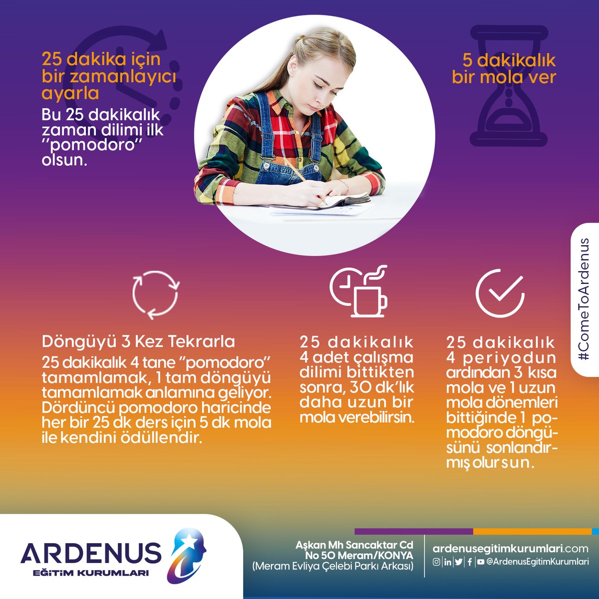 ArdenusEgitim's tweet photo. Verimli çalışmanın birden fazla yolu var. Öğrencilerimiz için motivasyonları düştüğünde ya da verim alamadıklarını hissettiklerinde denemeleri için #Pomodoro Tekniği'nden bahsettik.

Işığını Keşfet! ⭐
📍Aşkan Mh Sancaktar Cd No 50 Meram/Konya

#Ardenus #ArdenusEğitim https://t.co/hp125DhObv