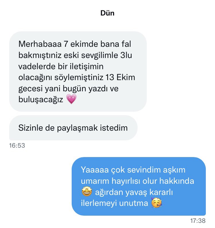 Günaydın aşk bahçelerim dün gelen güzel bir dönüşü sizle paylaşıyorum umarım hepinizin beklediği ex döner 🤩💫✨🥳