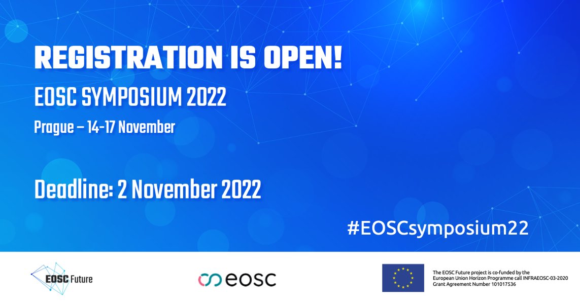 ➡️ Registration is officially open for #EOSCsymposium22! 📍Join @eoscassociation @EUScienceInnov DG #CONNECT and the EOSC community in #Prague from 14-17 Nov! Register by 02/11 bit.ly/3MtyqrX