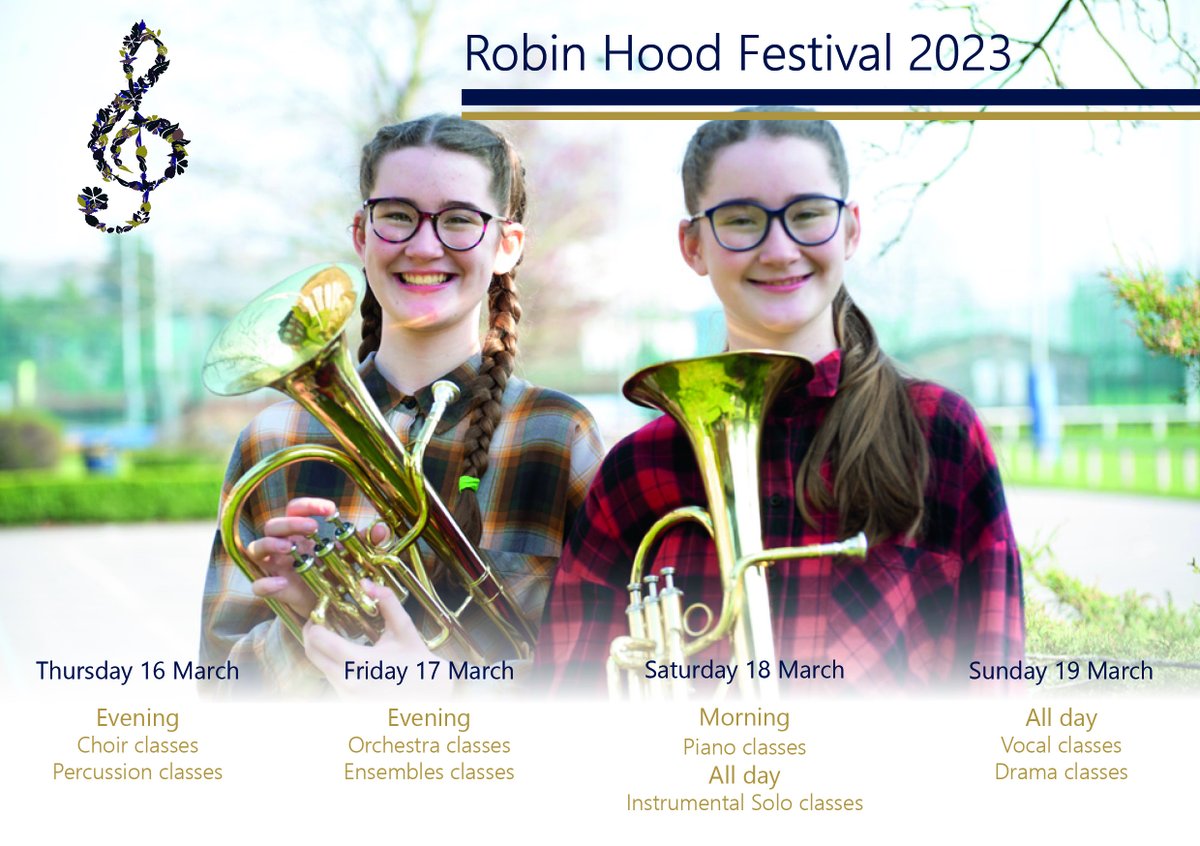 RobinHood_Fest's tweet photo. We are excited to announce the schedule for the Festival for 2023!
The Robin Hood Music and Drama Festival will run from Thursday 16 to Sunday 19 March 2023. 
Make sure you put the dates in your diary and we look forward to seeing you there! 🎼🎭
#music #drama #festival #talent https://t.co/ymwzX2YnsP