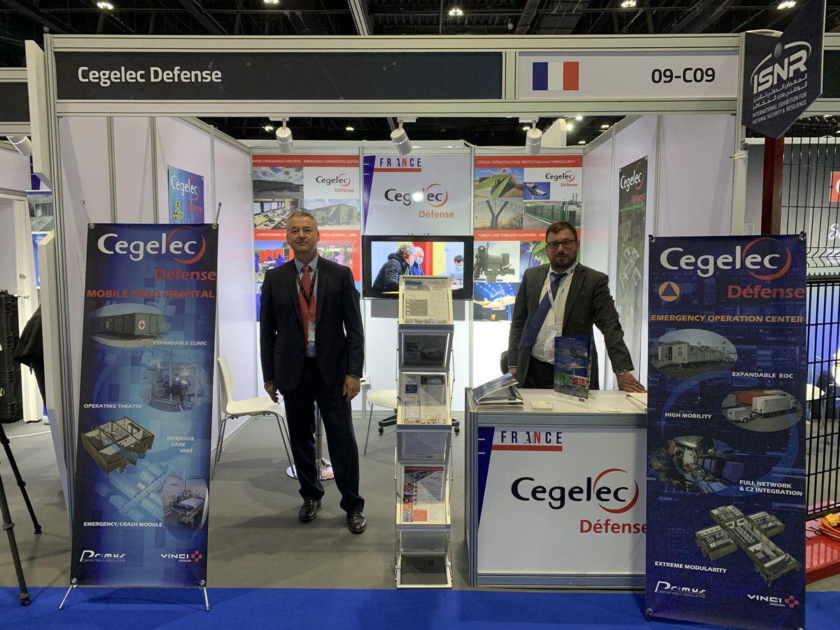 Salon International sur la sécurité et la résilience (ISNR Abou Dhabi). Les hôpitaux mobiles et unités de décontamination ou solutions mécatroniques ou de mesure CEM ont attiré les représentants des forces de sécurité régionales. #vinci #cluster primus #GIENBC #dga #gicat