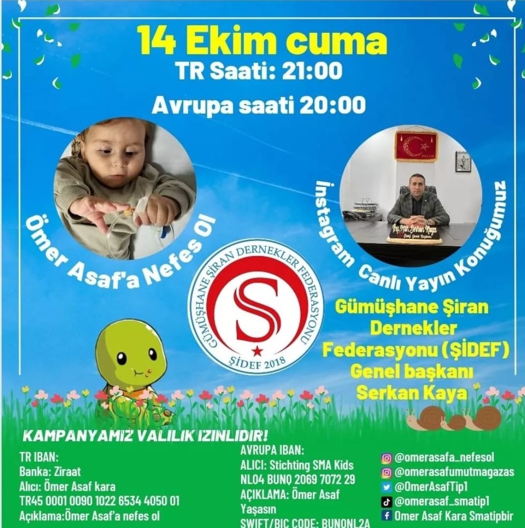 Genel Başkanımız Serkan Kaya, 14 Ekim Cuma günü 21.00’de SMA hastası bebeğimiz Ömer Asaf’a nefes olmak adına Instagram kanalında canlı yayın konuğu olacaktır. Canlı yayına katılıp destek olmanızı bekleriz.

instagram.com/sidef29
--
instagram.com/omerasafa_nefe…