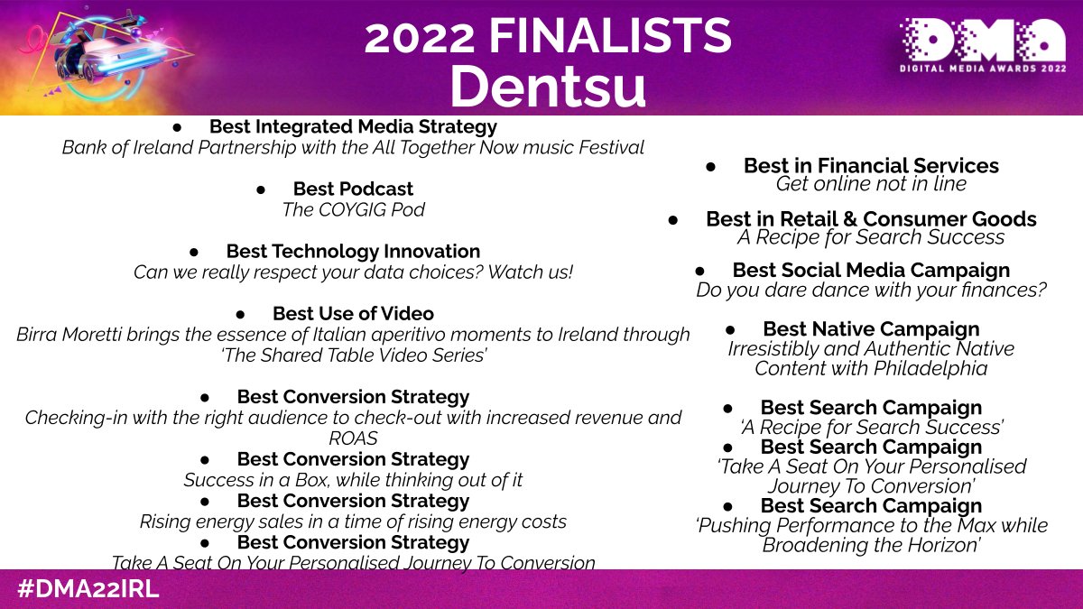 digitalmedia_ie's tweet photo. We are delighted to announce that @dentsuIE are finalists in this years Digital Media Awards 
#DMA22IRL #DigitalMedia #Marketing https://t.co/yAlE7VJy0z