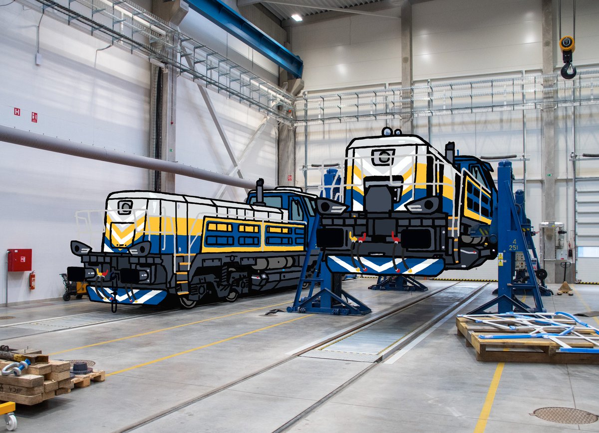 Prostřednictvím ilustrace se můžeme podívat do výrobní haly v roce 2024, kde jsou právě dokončovány lokomotivy 744.164 a 165. Jde o dvě lokomotivy ze tří, které si objednal jeden z našich zákazníků. Poznáte pro jakou společnost bude trojice lokomotiv EffiShunter 1000 určena?