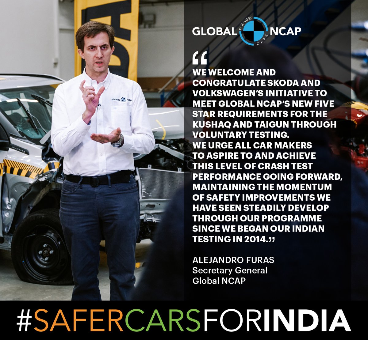 'We welcome @SkodaIndia & @volkswagenindia’s initiative to meet @GlobalNCAP’s new 5 star requirements. We urge all car makers to achieve this level of crash test performance, maintaining the momentum of safety improvements we’ve seen through our programme since we began in 2014.'