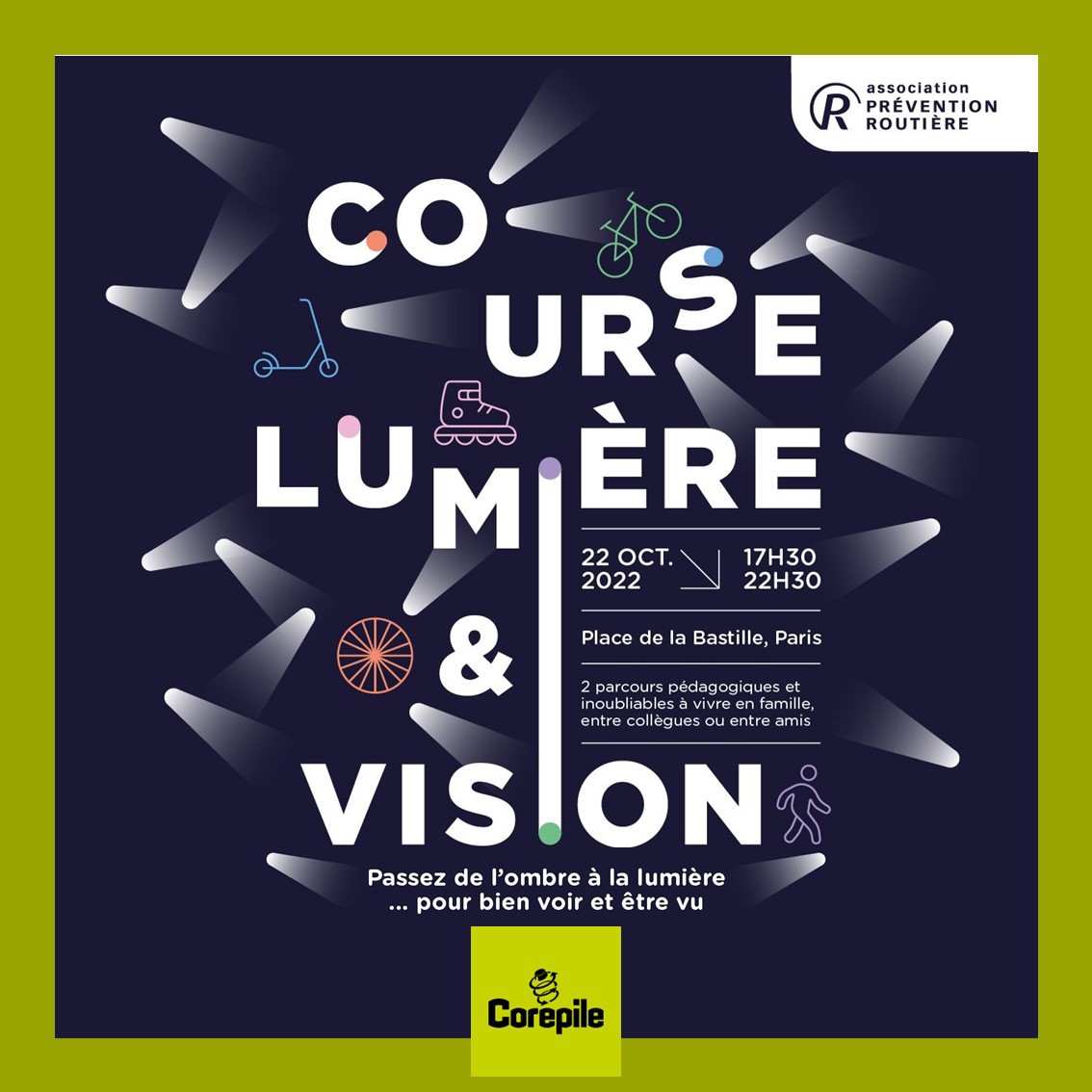 corepile's tweet photo. Participez à la 1ère💡Course Lumière et Vision💡organisée par @Preventionrout
À pied🚶‍♀️🏃,à vélo🚲, en trottinette🛴…
🔋RDV sur le stand #Corepile!
🗓️ 22/10
📍 Place de la Bastille, Paris
🔗Informations et inscriptions : https://t.co/aaQ3Mr4MNq

#preventionroutiere #recyclage https://t.co/9gpRdkpBar
