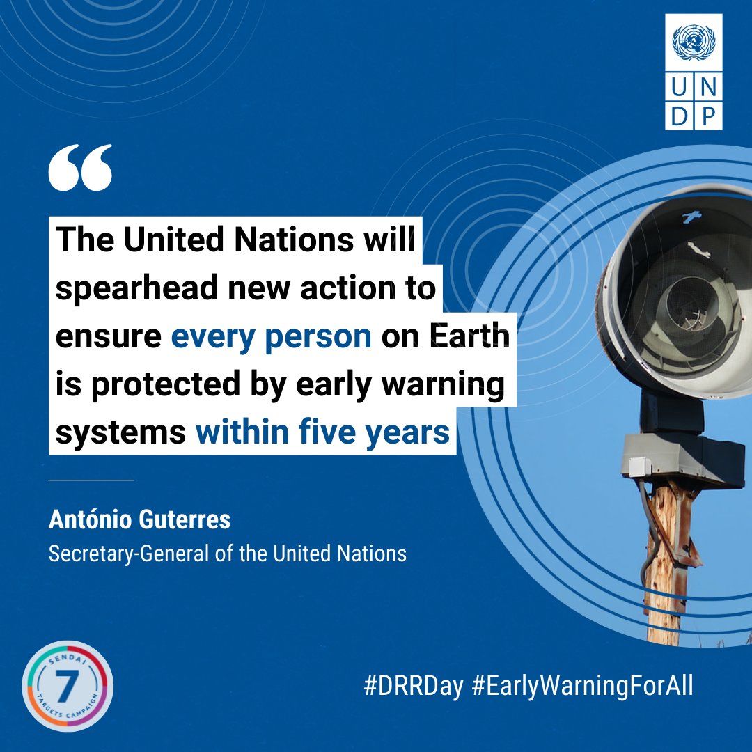PNUDBurundi's tweet photo. « Les Nations unies vont prendre l'initiative d'une nouvelle action visant à garantir que chaque personne sur terre soit protégée par des systèmes d'alerte précoce d'ici cinq ans », António Guterres, Secrétaire Général des Nations Unies.
@UNDRR
#EarlyWarningForAll #DRRDay #JIRRC https://t.co/dStD2V58sV