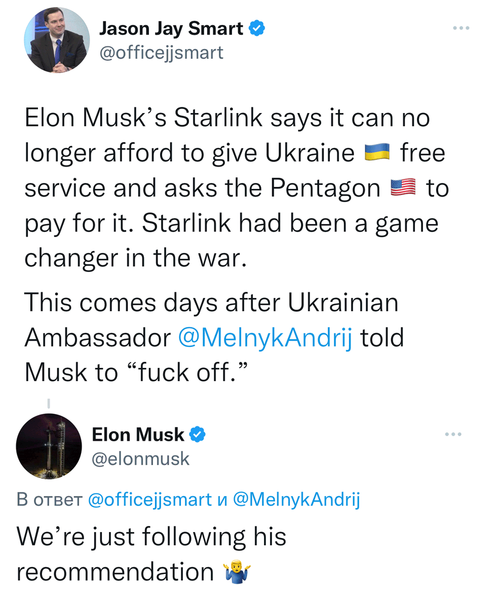 adagamov's tweet photo. Илон Маск написал, что SpaceX больше не будет оплачивать услуги Starlink для Украины, потому что украинский посол Андрей Мельник сказал ему "отъебаться": "Мы просто последовали его рекомендации". https://t.co/c6Dd7C0hz4