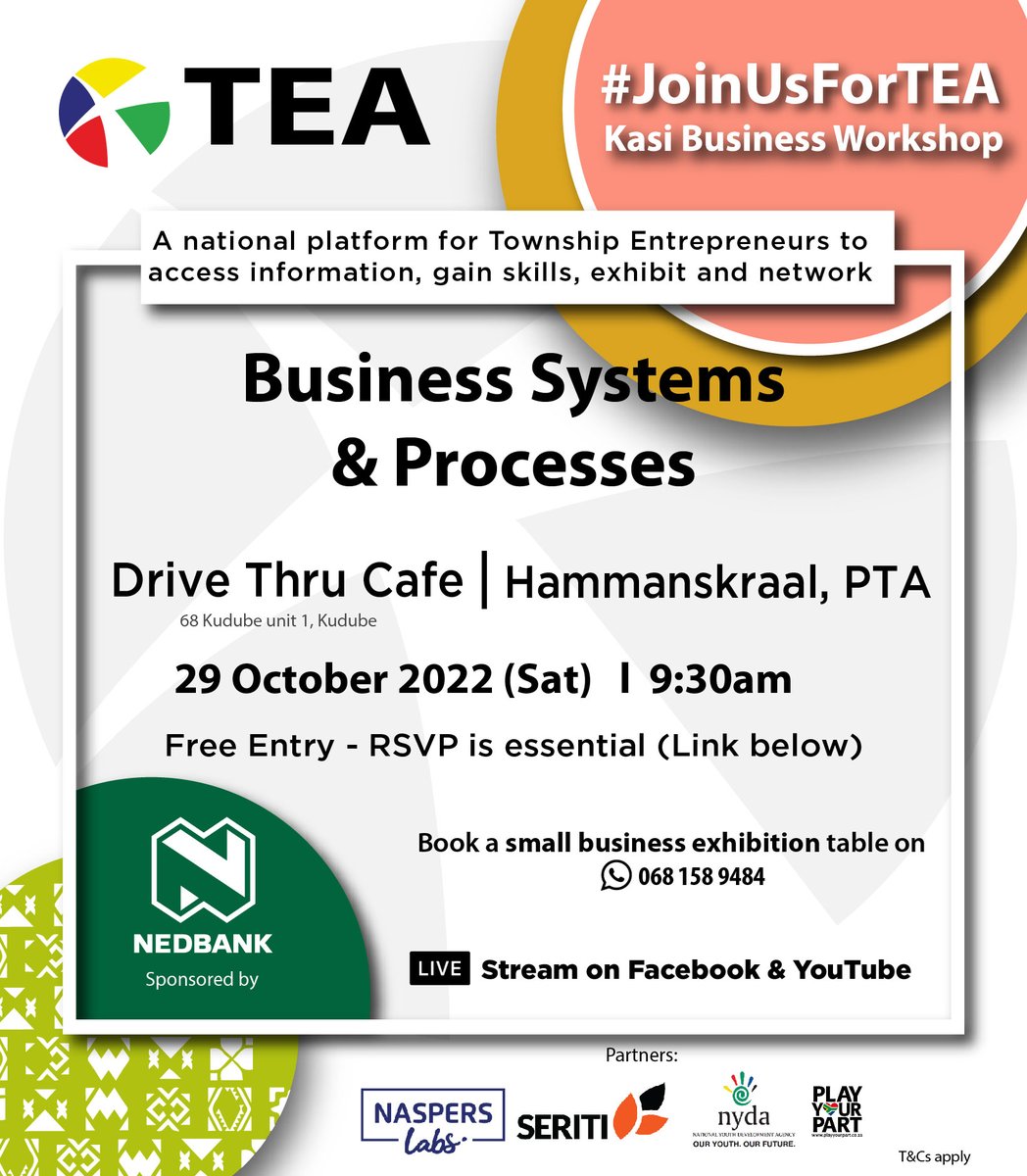 JoinUsForTEA's tweet photo. #JoinUsForTEA at our Kasi Business Workshop in Hammanskraal. The workshop theme is Business Systems &amp; Processes. The session will unpack the importance of building processes and systems in your business. Systems help you to grow and scale.
 
Register Here: https://t.co/k1G7DvFuzE https://t.co/TjIrGuRlr0