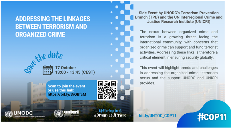 UNODC_TPB's tweet photo. 📢 #COP11 Side event:
Next week, together with @UNICRI, we will discuss trends and challenges in addressing the #OrganizedCrime #Terrorism nexus.

Join us here:
📅 Monday, 17 October 2022
🕒13:00-13:45 (CEST)
🔗https://t.co/LMpDbEIYpQ
🤳or scan the QR code below👇 https://t.co/heeWhJXEIe