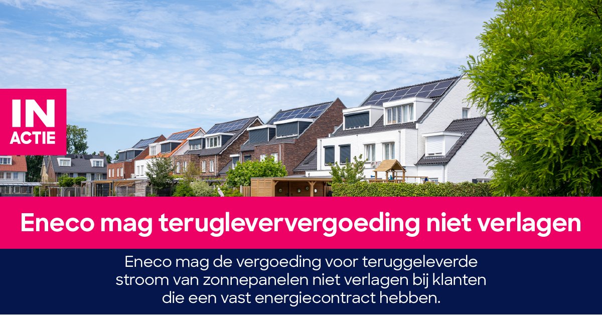 Consumentenbond's tweet photo. Op 5 september verlaagde #Eneco zijn terugleververgoeding van €0,56 per kWh naar €0,09 per kWh. Ook voor klanten met een vast contract. Dat mag niet. Daarom eisen wij dat @Eneco tariefswijziging binnen 14 dagen terugdraait en gedupeerde klanten daarover persoonlijk informeert. https://t.co/817gDtGtXC