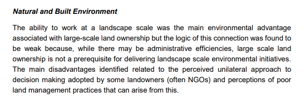 This is an interesting observation which has been picked up in work on scale and concentration of land ownership by the Scottish Land Commission. The emergence of the 'Green Laird' debate in Scotland showcases the pushback against concentrated ownership restoration initiatives.