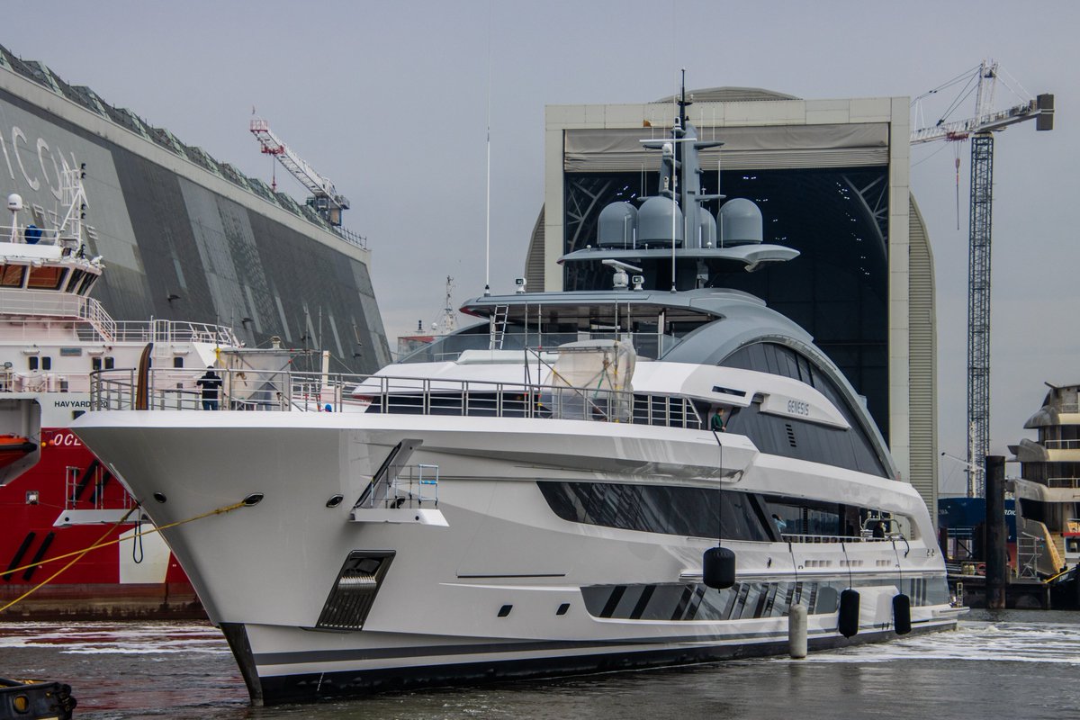 Dutchyachting's tweet photo. #Genesis was shifted from #Icon’s drydock to their floating dock yesterday. The 80.07m #yacht, launched as #Galactica (#ProjectCosmos) in #Oss on 7 January of this year, arrived in #Harlingen after a tumultuous transport 5 days later. Photo by Hette.Kloosterman on Instagram. https://t.co/oddhNNwRIe