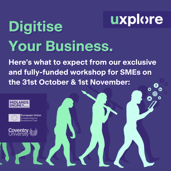 Digitise or Die: Evolve Your Business &amp; Get Connected - Rescheduled

Here's what to expect from our exclusive and fully-funded workshop for SMEs on the 31st October &amp; 1st November... uxploreproject.co.uk/workshops/ 

#Coventry #Warwickshire #5G #5GTechnology #SocialMediaMarketing