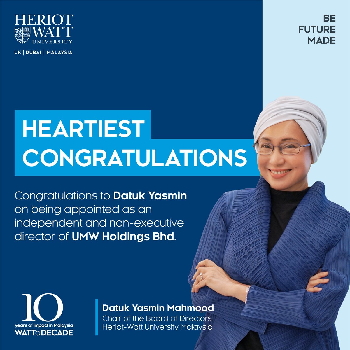HWUMalaysia's tweet photo. Our heartiest congratulations to Datuk Yasmin Mahmood, our Chair of the Board of Directors, on being appointed as an independent and non-executive director of UMW Holdings Bhd.
#heriotwattuniversitymalaysia #leadership #womenempowerment #befuturemade https://t.co/LWUEPhpbEB