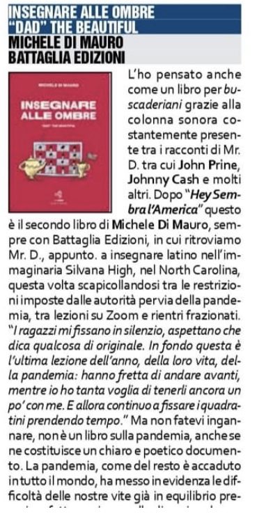 AbSpaghetti's tweet photo. È uscita sul #Buscadero di Ottobre la mia recensione al libro di Michele Di Mauro ’Insegnare alle ombre’

"E l'insegnante è lì a intrattenere studenti, a vivere la storia mentre la storia sta accadendo, a. condividere momenti che tra qualche anno ritroverà sui libri di testo…” https://t.co/SleTciw1Lz