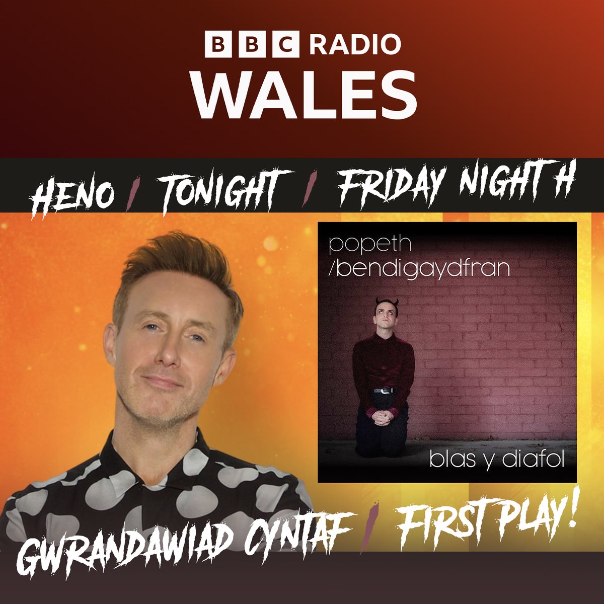 _popeth's tweet photo. Heno am 10 ar #FridayNightH, @BBCRadioWales cyfle cyntaf i glywed #BlasYDiafol!
Tonight from 10pm on #FridayNightH - First Play of the new @bendigaydfran and @_popeth song!
Taste some devilishly good #SynthPop #EuroPop #WelshPop #Cymraeg 😈
DIOLCH @Ianhwatkins AM EI CHWARAE! https://t.co/Z6IQ0vwvbw