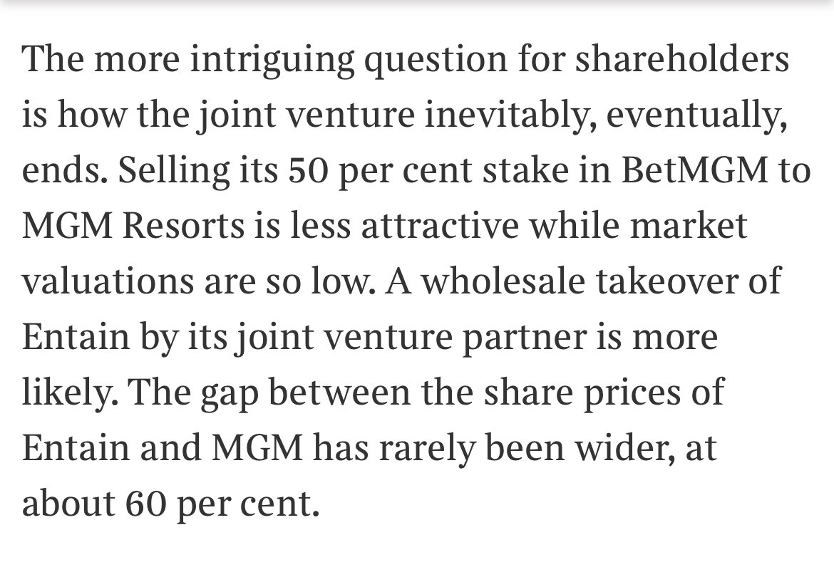 Ladbrokes owner Entain has slumped this year but the rationale for a bid from MGM Resorts hasn’t gone away, it might be more alluring. Today’s Tempus: thetimes.co.uk/article/bettin…