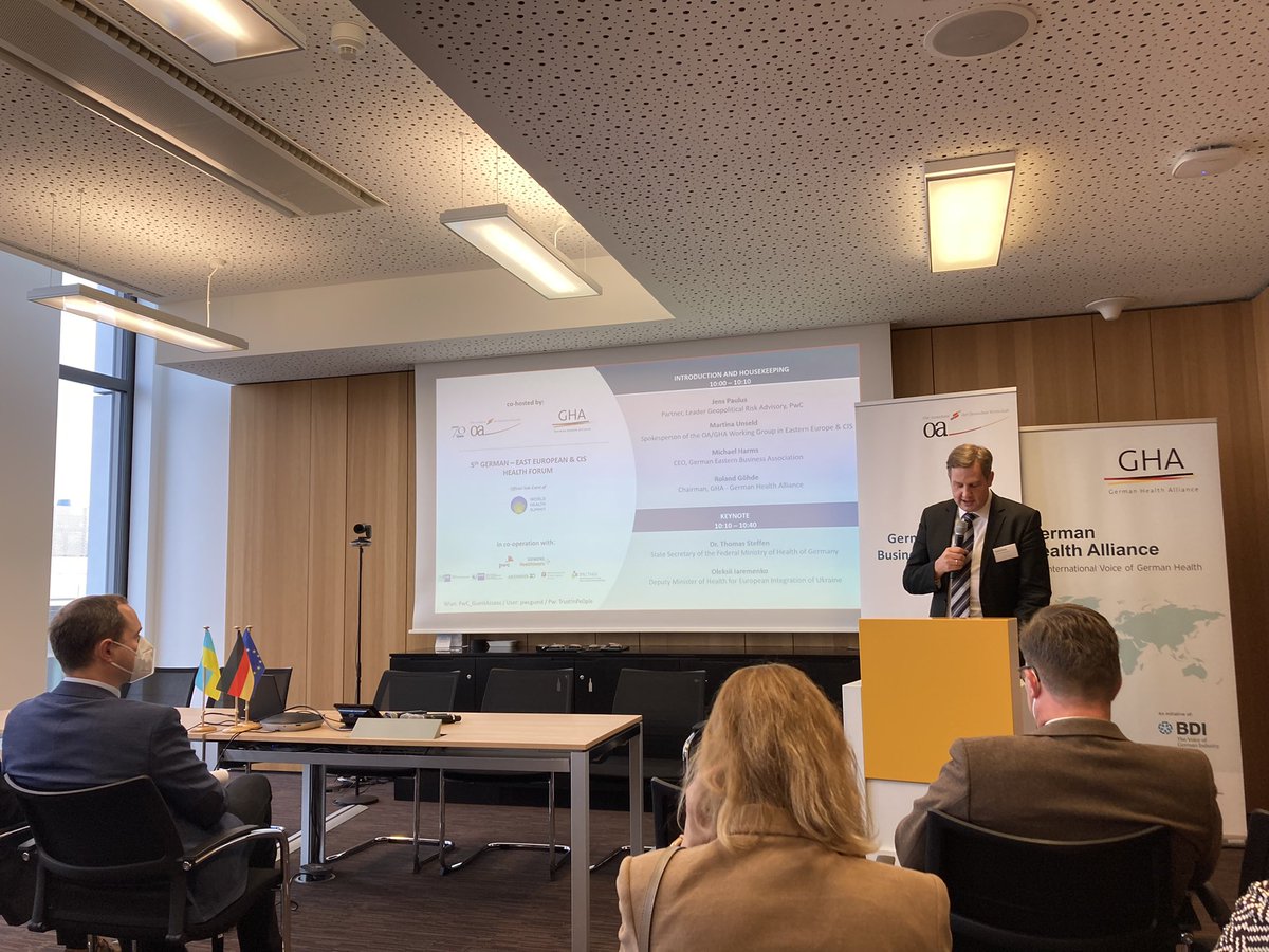 GHA_BDI's tweet photo. #14Oct @GHA_BDI &amp; @OstAusschuss 5th German - East European &amp; CIS Health Forum. #Paradigmen shift in the region. With Deputy Minister of Health for European Integration of #Ukraine &amp; State Secretary of the Federal Ministry of Health @BMG_Bund // @pwc_de @Der_BDI https://t.co/WBV1NLZZl6