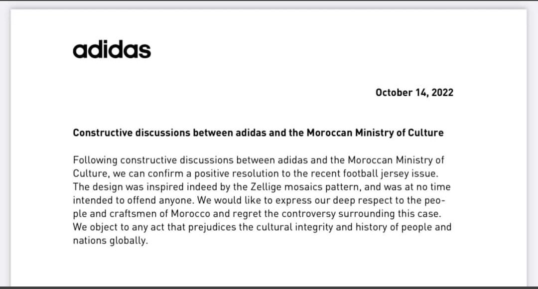 MoroccoIntel's tweet photo. 🇲🇦⚽ | Première réaction officielle d'Adidas suite à la plainte du ministre de la Culture @mehdibensaid. 

L'équipementier sportif exprime son "profond regret" au peuple et aux artisans marocains après la polémique du maillot aux motifs du zellige fassi. https://t.co/dvh9nDTu5V