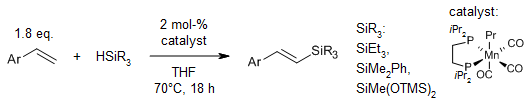 organic-chemistry.org/abstracts/lit8… 
A bench-stable alkyl bisphosphine Mn(I) complex catalyzes an additive-free Mn(I)-catalyzed dehydrogenative silylation of terminal alkenes.