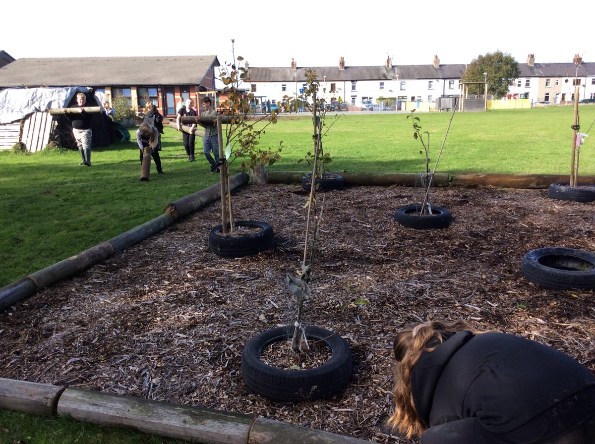 TPS1914's tweet photo. Great work from Sycamore Class who have created a border round our Jubilee Orchard by using the wood from the old trim trail #ForestSchool #Recyclying https://t.co/lF8bKG7ofJ