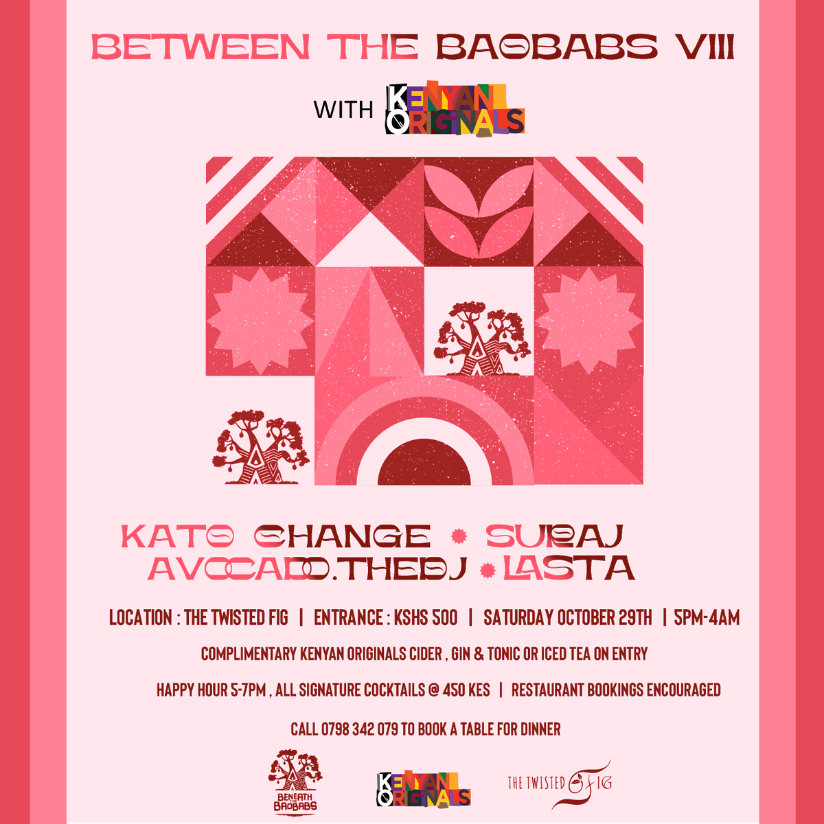 SATURDAY 28th OCTOBER • Kilifi
#BetweenTheBaobabs with <a href="/KenyanOriginals/">Kenyan Originals</a> is back at The Twisted Fig - this time for our biggest one yet!

Presenting <a href="/TheChangeKato/">Kato Change</a> LIVE with a 3-piece band and <a href="/surajkenya/">SURAJ 🇰🇪</a> on the decks as well as Kilifi favourites <a href="/avocado_theDJ/">avocado.theDJ</a> and #Lasta 🌳🕺🏾