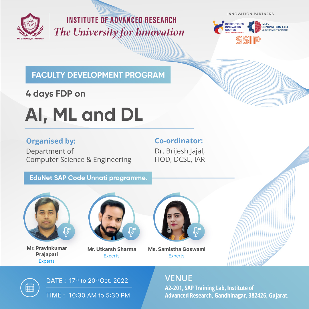 iaruniversity's tweet photo. Organizing a 4 days #FDP-#Faculty #Development #Program on #AI, #ML and #DL by #Experts Mr. Pravin Prajapati, Mr. Utkarsh Sharma, Ms. Samistha Goswami from #EduNet #SAP Code Unnati #programme.
#experttalk #FacultyDevelopmentProgram #technology #knowledgesharing #knowledge #Phd https://t.co/PYHk2B6haw