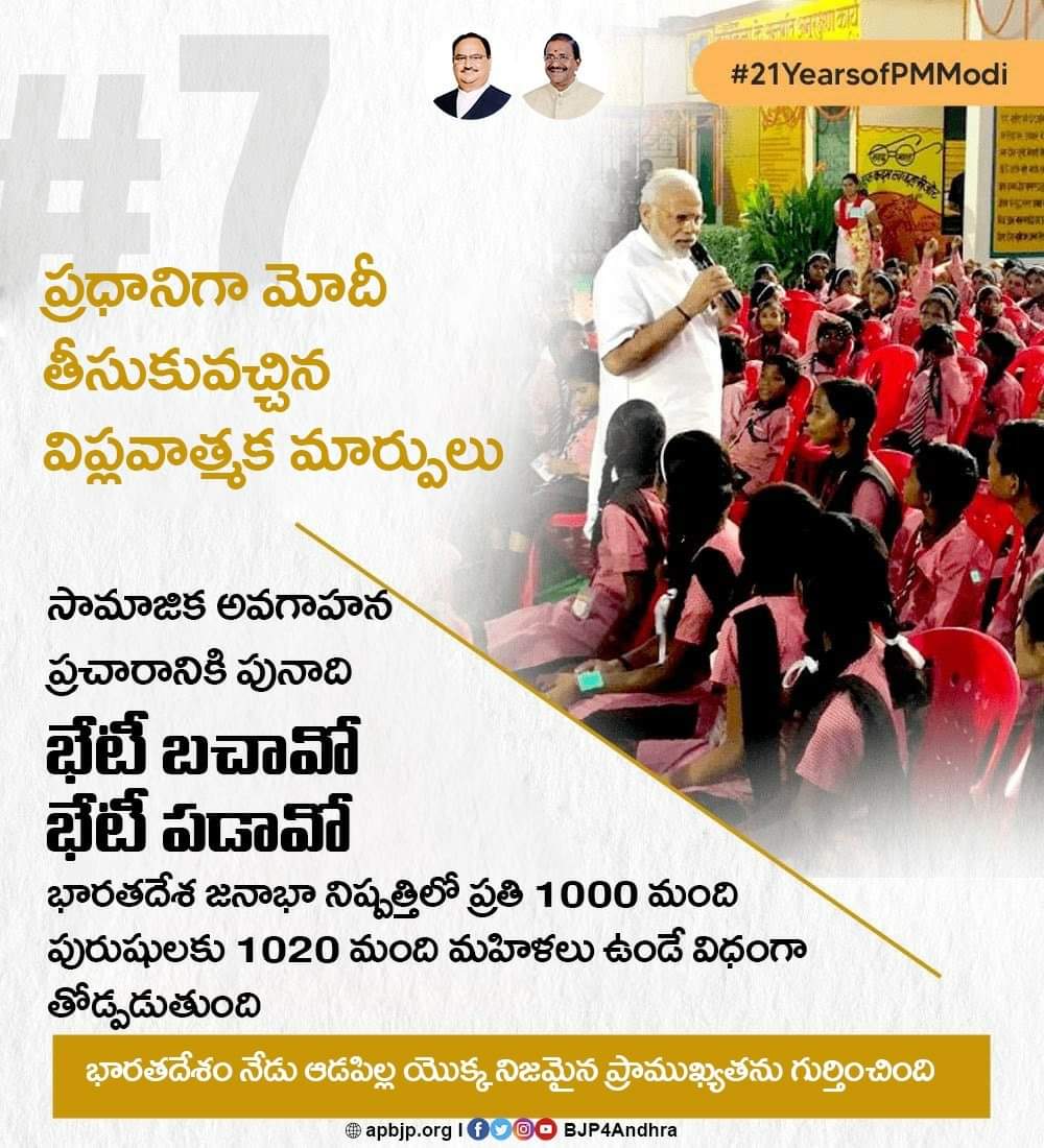 BJPMM4ANDHRA1's tweet photo. ప్రధానిగా మోదీ తీసుకువచ్చిన విప్లవాత్మక మార్పులు
సామాజిక అవగాహనకి పునాది
భేటీ బచావో భేటీ పడావో
#21YearsOfPMModi https://t.co/1pJNVKNDaf