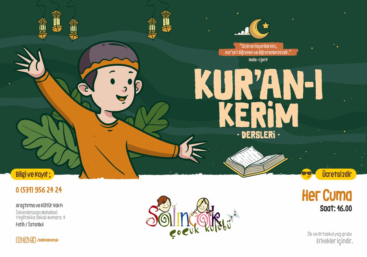 Salıncak'ta Kur'an-ı Kerim dersleri kaldığı yerden devam ediyor! 
Her cuma saat 16.00'da ilk ve ortaokullu erkek kardeşlerimizle Fatih'teki vakıf binamızda buluşmak üzere. 🎈
-
#kuran #fatih #salıncak #çocuk #elifba