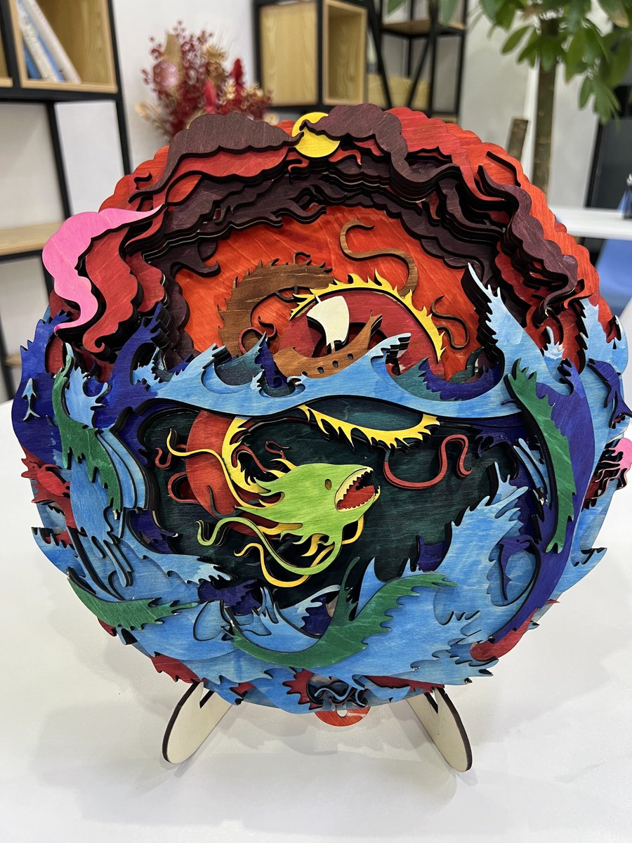 SculpfunTech's tweet photo. "New cut I’ve made lately. It took me three days just to paint, and it has many elements, including dragons, sailing ships, stormy waves and sea creatures.  Sail through the wind sand waves!"

By Alex Moore

#Sculpfun #SculpfunS9 #lasercutting #diypainting https://t.co/dQLgXQ5UFr