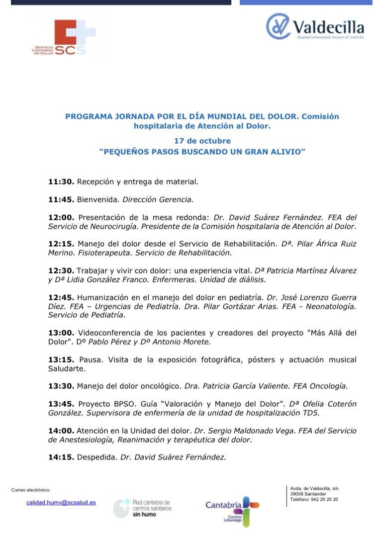 Próximo lunes❗️Jornada del Día Mundial del Dolor en el <a href="/HUnivValdecilla/">Hospital Universitario Marqués de Valdecilla</a> abierta a profesionales sanitarios, pacientes y acompañantes. “Pequeños 👣 buscando un gran alivio”
🗓 17 de octubre.
🕦 11:45-14:30.
🏥 Salón Gómez-Durán.
🌅 Día Mundial del Dolor.