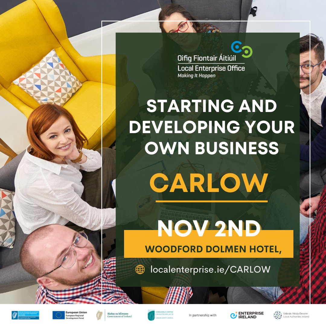 With just ONE place left on our OCT Start Your Own Business Course we have opened registration for November!
Book the last October place at buff.ly/3BpS174 
Book for November at buff.ly/3CX54yM 
#MakingItHappen 
<a href="/Carlow_Co_Co/">CarlowCountyCouncil</a> <a href="/carlowppn/">Carlow PPN</a>