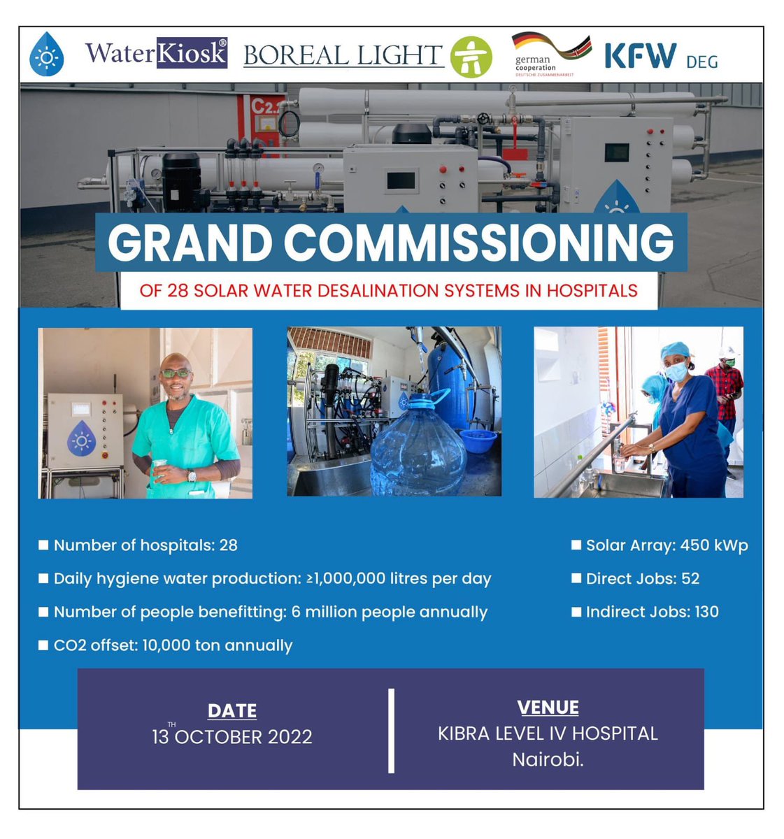 GermanyinKenya's tweet photo. Yesterday, the Embassy took part in a hand-over ceremony in #Kibra L4 hospital #Nairobi of solar water #desalinationsystem. 50k ltrs of clean water/day. Installed by @WaterKiosks via @developppde. Financed by @deginvest_int and @BMZ_Bund, & #BorealLight GmbH #EZinKenya #PPP #AHK https://t.co/xZXxf0xKoN
