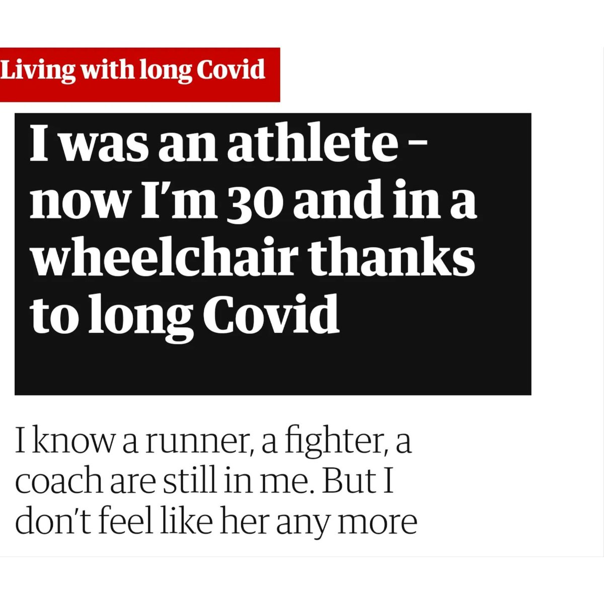 "I was an athlete – now I’m 30 and in a wheelchair thanks to #LongCovid.

I know a runner, a fighter, a coach are still in me. But I don’t feel like her any more."

From the <a href="/guardian/">The Guardian</a> / <a href="/GuardianUS/">Guardian US</a> Living With Long Covid series.
➡️theguardian.com/society/2022/o…