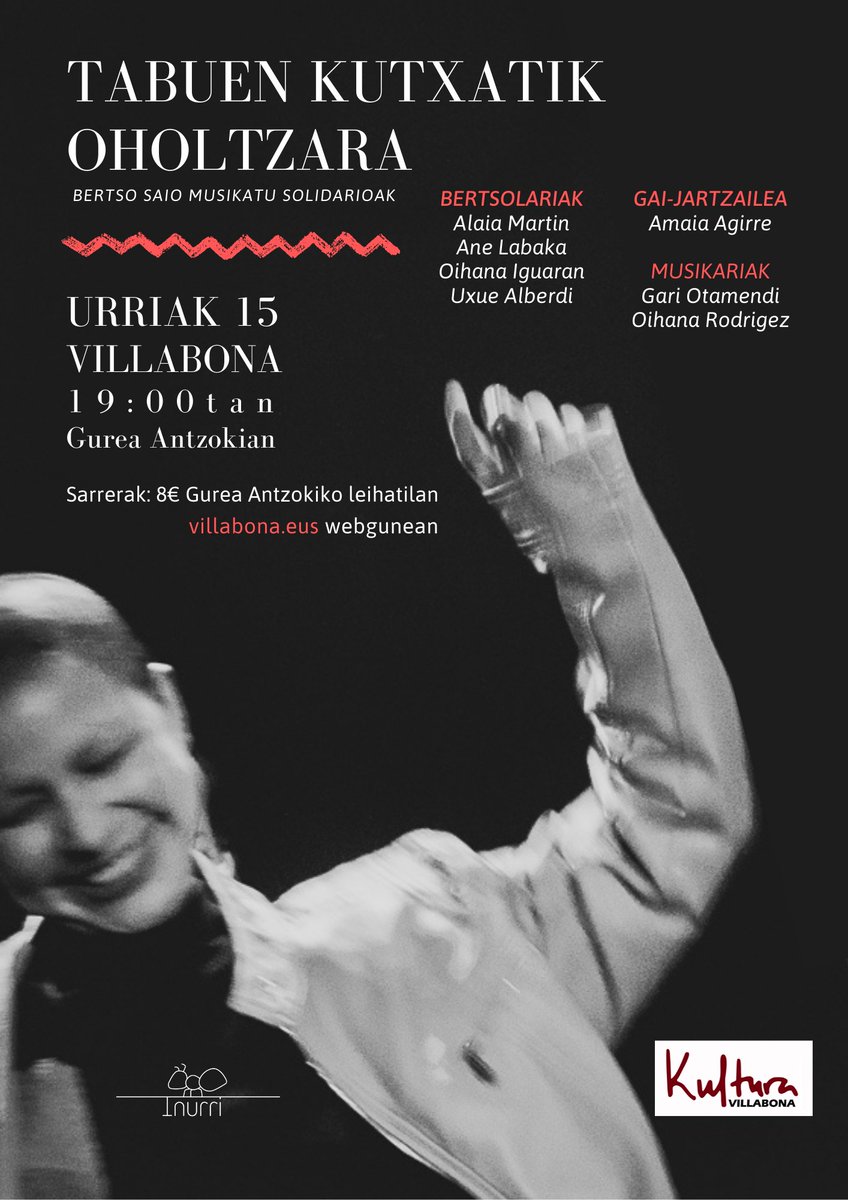 kulturvillabona's tweet photo. Hartu sarrerak https://t.co/tiUaZwqUnL webgunean, "Tabuen kutxatik oholtzara" bertso-saio musikatua ikusteko. Bihar, larunbata, urriak 15, 19:00etan, Villabonako Gurea antzokian.
#inurri #izaninurri #minbizia #Kultura #Amasavillabona https://t.co/65BsrcD5al