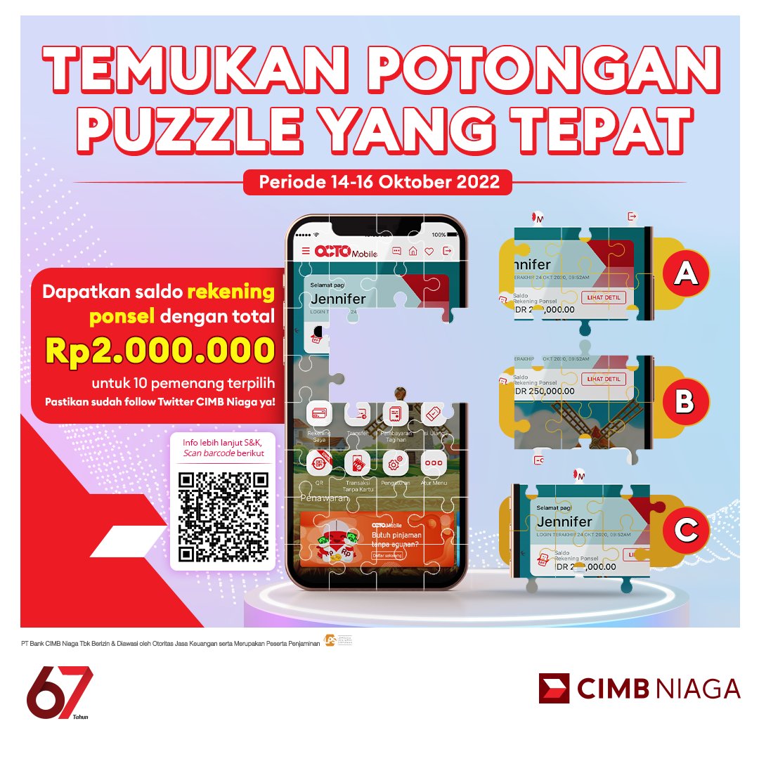 Saatnya #CIMBNiagaKuis bagi-bagi hadiah nih dengan total hadiah Rp2.000.000 untuk 10 orang pemenang! yeayy!✨💸

Sudah tahu jawabannya? Yuk tulis di kolom reply dan mention min. 3 temanmu ya!😊

Periode : 14-16 Oktober 2022

S&amp;K, kunjungi : cimb.id/quiztw

#CIMBNiaga