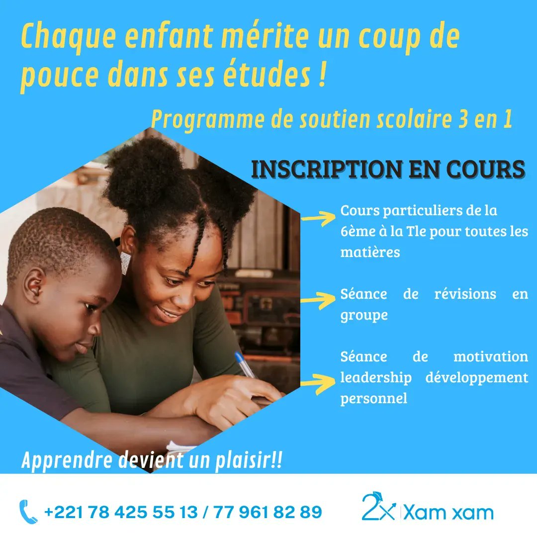 2x_xamxam's tweet image. #xamxamscolaire
Les élèves ont un rythme de travail qui leur est propre. #xamxam2x apporte un impact positif sur leur niveau d&apos;étude et leurs notes. Vous voulez un suivi sur mesure pour votre enfant ?✅ Inscrivez-vous 👉buff.ly/3rSpQcG 
#education #xamxam #rentree2022